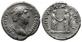 Hadrian, AD 134-138. AR Denarius (17mm-3.26g). Rome. HADRIANVS AVG COS III P P, bare head right. / FORTVNAE REDVCI, Hadrian standing right, holding vo...