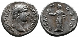 Hadrian. AD 117-138. AR Denarius (16mm-3.34g). “Travel series” issue. Rome. AD 134-138. Bare head right / ALEXA N DRIA, Alexandria standing left, hold...