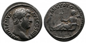 Hadrian. AD 117-138. AR Denarius (17mm-3.11g). "Travel series" issue. Rome mint. AD 134-138. Bare head right / AEGYPTO S, Egypt reclining left, holdin...