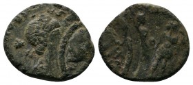 Honorius or Theodosius, 393-450 AD. Æ (12mm-1,78g). Uncertain mint. Pearl-diademed, draped, and cuirassed bust right; star behind. / Two emperors stan...