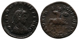 Honorius, AD 393-423, Æ Nummus (15mm-1.84g). Cyzicus,. D N HONORIVS P F AVG, pearl-diademed, draped and cuirassed bust right / GLORIA ROMANORVM, emper...