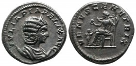 Julia Domna, (Augusta, 193-217 AD). AR Denarius (21mm-5.35g). Rome. IVLIA PIA FELIX AVG. Draped bust right. / VENVS GENETRIX. Venus seated left on thr...
