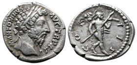 Marcus Aurelius, AD 161 - 180. AR Denarius (17mm-3.22g), Rome. ANTONINVS AVG TR P XXV, Laureate head of Marcus right. / COS III, mars advancing right ...