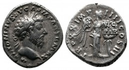 Marcus Aurelius, AD 161-180. AR Denarius (17mm-3.74g), Rome, AD 166. M ANTONINVS AVG ARM PARTH MAX Laureate head of Marcus Aurelius to right. TR P XX ...