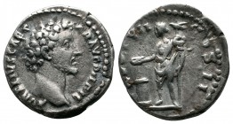 Marcus Aurelius, as Caesar, AR Denarius (17mm-3.17g). Rome, AD 159-161. AVRELIVS CAESAR AVG PII F, bare head right / TR POT XIIII COS II, Mars standin...