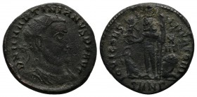 Martinianus. Usurper, 324 AD. Æ Follis (19mm-3,23g). Nicomedia mint. D N M MARTINIANVS P F AVG. Radiate, draped, and cuirassed bust right / IOVI CONS ...