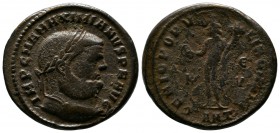 Maximianus (First reign, 286-305 AD). Æ Follis (27mm-8,89g). Antioch, 300-1. Laureate head right / Genius standing left, holding patera and cornucopia...