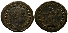 Maximianus 286-305 AD. Æ (28mm-11,90g). Aquileia mint. IMP MAXIMIANVS P F AVG. Laureate head right / SACRA MONET AVGG ET CAESS NOSTR. Moneta standing ...