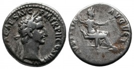 Nerva, AD 96-98, AR Denarius (16mm-3.39g). Rome. IMP NERVA CAES AVG P M TR P COS II P P. Laureate head right. / IVSTITIA AVGVST. Justitia seated right...