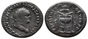 Titus. AD. 79-81. AR Denarius (17mm-2.97g). Rome. IMP TITVS CAES VESPASIAN AVG P M. Laureate head right. / TR P IX IMP XV COS VIII P P. Filleted tripo...