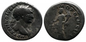 Trajan 98-117 AD. AR Denarius (17mm-3,09). Struck c.104-107 AD. IMP TRAINO AVG GERM DAC PM TR P COS V PP, laureate head right, slight drapery on far s...