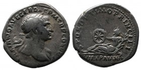Trajan, AD 98 - 117.AR Denarius (19mm-3.27g). Rome. IMP TRAIANO AVG GER DAC P M TR P COS VI P P, Laureate and draped bust of Trajan right. / S P Q R O...