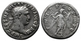 Trajan, AD 98-117. AR Denarius (18mm-3.04g). Rome. IMP CAES NERVA TRAIAN AVG GERM, laureate head right / P M TR P COS IIII P P, Victory walking right,...