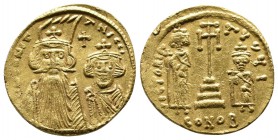 Constans II Pogonatus (AD 641-668), with Constantine IV, Heraclius and Tiberius. Solidus (19mm-4.54g). Constantinople mint, 10th officina, AD 662-667....