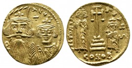 Constans II, 641-668. With Constantinus IV, Heraclius and Tiberius. Solidus (18mm-4.42g), c.662/667, Constantinople. Officina S. Facing busts of Const...