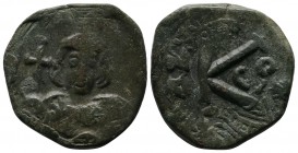 Constantine IV Pogonatus. 668-685. Æ Half Follis (25mm-7.90g). Constantinople mint. Struck AD 673. Helmeted facing bust, holding globus cruciger / Lar...