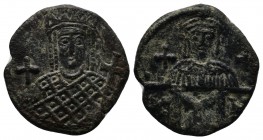 Constantine VI and Irene. 780-797. AE Follis (18mm-2.79g). Constantinople mint. Struck 792-797. Crowned facing bust of Irene, wearing loros, holding g...