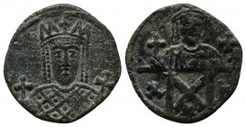 Constantine VI and Irene. 780-797. Æ Follis (18mm,1.99g). Constantinople mint. Struck 792-797. Crowned facing bust of Irene, wearing loros, holding gl...