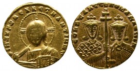Constantinus VII, 913-959, with Romanus II, 945-959 AD. Solidus (17mm-4.31g). AD 945/959, Constantinopolis. Nimbate facing bust of Christ, wearing pal...