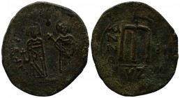 Phocas (602-603). Æ 40 Nummi (35mm-13.91g). Cyzicus, year 1 (602/3). Phocas and Leontia standing facing. / Large M; date across fields. MIBE 75; DOC 6...