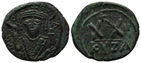 Phocas. 602-610. Æ Half Follis - 20 Nummi (24mm-5.78g). Cyzicus mint, 1st officina. Struck 603-610 AD. Crowned facing bust, wearing consular robes, ho...