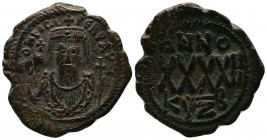 Phocas. Æ 40 Nummi (29mm-10.54g). Cyzicus mint. Struck 605-606 AD. d N FOCAS PERP AVG, crowned bust facing, wearing consular robes, holding mappa and ...