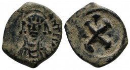 Tiberius II, Æ 10 Nummi (18mm-3.64g). Constantinople, AD 578-582. Dm Tib CONSTANT PP AVI, Facing bust / Large X. MIBE 31A; Sear 436.