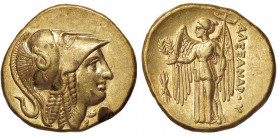 GRECHE - RE DI MACEDONIA - Alessandro III (336-323 a.C.) - Statere - Testa di Atena a d. /R La Nike stante a s. con corona e stylis; nel campo un fulm...