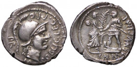 ROMANE REPUBBLICANE - POMPEO MAGNO - M. Poblicius (46-45 a.C.) - Denario - Testa di Roma a d. /R Pompeo riceve una palma dalla Baetica B. 9; Cr. 469/1...