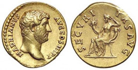 ROMANE IMPERIALI - Adriano (117-138) - Aureo - Busto a d. /R La sicurezza seduta a s. con cornucopia, si appoggia a una cornucopia C. 1404 (50 Fr.); R...