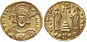 BIZANTINE - Costantino IV (681-685) - Solido - Busto corazzato di fronte con scudo e lancia /R Eraclio e Tiberio stanti ai lati di croce potenziata su...