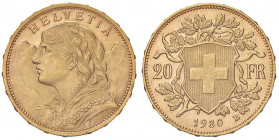 ESTERE - SVIZZERA - Confederazione - 20 Franchi 1930 Kr. 35.1 (AU g. 6,44) Segnetti sullo scudo
qFDC

Segnetti sullo scudo