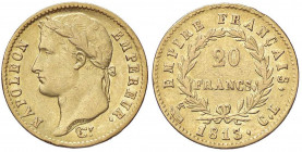 ZECCHE ITALIANE - GENOVA - Napoleone I, Imperatore (1804-1814) - 20 Franchi 1813 Pag. 23; Mont. 100 RRR (AU g. 6,41)Testa laureata
BB+

Testa laure...