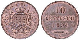 ZECCHE ITALIANE - SAN MARINO - Vecchia monetazione - 10 Centesimi 1894 Pag. 372; Mont. 9 CU Rame rosso
FDC

Rame rosso