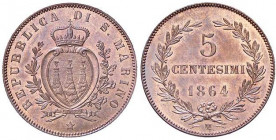 ZECCHE ITALIANE - SAN MARINO - Vecchia monetazione - 5 Centesimi 1864 M Pag. 377; Mont. 10 R CU Rame rosso
FDC

Rame rosso