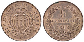 ZECCHE ITALIANE - SAN MARINO - Vecchia monetazione - 5 Centesimi 1869 M Pag. 378; Mont. 11 CU Rame rosso
FDC

Rame rosso