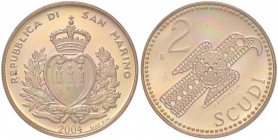 ZECCHE ITALIANE - SAN MARINO - Nuova monetazione (1972) - 2 Scudi 2004 Mont. 31 (AU g. 6,45) In confezione
FS

In confezione