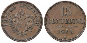 ZECCHE ITALIANE - VENEZIA - Francesco Giuseppe I d'Asburgo-Lorena (1848-1866) - 15 Centesimi 1852 Pag. 257; Mont. 308 RR CU Aquila
bel BB

Aquila -