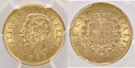 SAVOIA - Vittorio Emanuele II Re d'Italia (1861-1878) - 10 Lire 1863 T (19,0) Pag. 477a; Mont. 156 AU Sigillata PCGS MS63
FDC

Sigillata PCGS MS63