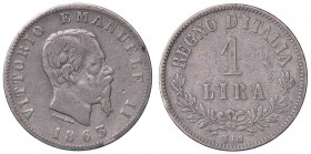 SAVOIA - Vittorio Emanuele II Re d'Italia (1861-1878) - Lira 1863 T Valore Pag. 517; Mont. 207 RRR AG Colpetto
meglio di MB

Colpetto