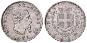 SAVOIA - Vittorio Emanuele II Re d'Italia (1861-1878) - Lira 1867 T Stemma Pag. 519; Mont. 205 RR AG
qSPL