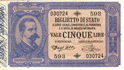 CARTAMONETA - BIGLIETTI DI STATO - Umberto I (1878-1900) - 5 Lire 06/08/1889 - Serie 411-650 Alfa 46; Lireuro 10B RRRR Dell'Ara/Pia; con matrice later...