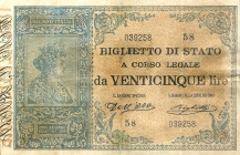 CARTAMONETA - BIGLIETTI DI STATO - Umberto I (1878-1900) - 25 Lire 21/07/1895 Alfa 95; Lireuro 20A RRRRR Dell'Ara/Righetti; con matrice laterale Resta...