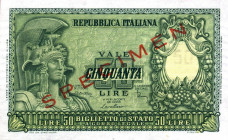 CARTAMONETA - BIGLIETTI DI STATO - Repubblica Italiana (monetazione in lire) (1946-2001) - 50 Lire - Italia elmata 31/12/1951 SPECIMEN RRRR Di Cristin...