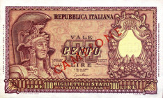 CARTAMONETA - BIGLIETTI DI STATO - Repubblica Italiana (monetazione in lire) (1946-2001) - 100 Lire - Italia elmata 31/12/1951 CAMPIONE RRRR Bolaffi/C...