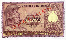 CARTAMONETA - BIGLIETTI DI STATO - Repubblica Italiana (monetazione in lire) (1946-2001) - 100 Lire - Italia elmata 31/12/1951 SPECIMEN RRRR Di Cristi...