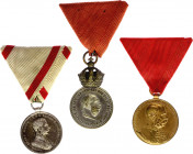 Austria - Hungary Lot of 3 Medals 1890 - 1916
Barac# 86, 288, 304; Bravery Medal "Der Tapferkeit" 2nd Class, Silver, 33 mm.; Military Merit Medal "Si...