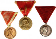 Austria - Hungary Lot of 3 Medals 1898 - 1918
Barac# 87, 91, 304; Bravery Medal "Der Tapferkeit", Bronze; Bravery Medal "Fortitvdini" 2nd Class Silve...
