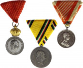 Austria - Hungary Lot of 3 Medals 1873 - 1916
Barac# 288, 283, 86; Military Merit Medal "Signum laudis", Silvered Metal., 30 mm.; Military Merit Meda...