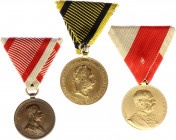 Austria - Hungary Lot of 3 Medals 1898 - 1918
Barac# 305, 87, 233; Commemorative Medal 1898 "Signvm Memoriae" Civil type, Bronze; Bravery Medal "Der ...
